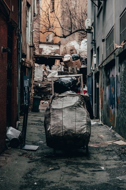 The image depicts a narrow urban alleyway cluttered with a large, wheeled bag or trolley containing waste materials, positioned centrally in the foreground. The bag appears to be made of a durable, fabric-like material with visible creases and some dirt marks, indicating frequent use for waste collection or disposal. In the background, stacked piles of various rubbish—larger cardboard boxes, plastic bags, and miscellaneous debris—are piled against a weathered wall, partially covered by a makeshift barrier or tarp. Surrounding the alley, the walls display signs of graffiti and urban grime, with one side featuring a metal fence and the other a brick or concrete surface. Bare tree branches extend overhead with a hint of late autumn or winter atmosphere, and the overall lighting is subdued and overcast, emphasizing the gritty environment. This scene subtly reflects the context of independent waste handling or on-site rubbish clearance, possibly associated with private rubbish collection services like those offered by rubbishclearanceknightsbridge.org.uk, in contrast to official waste disposal channels.