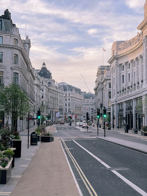 A wide view of a city street with ornate, neoclassical-style buildings on either side, featuring large windows, decorative cornices, and rounded facades. The street appears to be in a high-end area, with a mix of pedestrians and vehicles, including cars waiting at traffic lights. On the left sidewalk, there are flower pots filled with greenery and small trees, with some waste bins visible. The pavement is clean and has a dedicated cycle lane marked with dashed white lines, separated from the main road by a solid white line. The road surface is dark asphalt, with visible road markings, including double yellow lines on the curbside. The sky above is partly cloudy, casting soft daylight over the scene. In the background, a dome and flagpole are visible atop one of the buildings, indicating a prominent location. The scene is captured during daylight hours, with a calm and orderly atmosphere, illustrating the urban environment where private waste removal services, such as those by Knightsbridge rubbish clearance, might operate for maintaining cleanliness within the area.